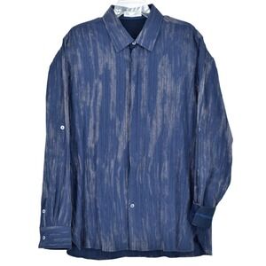 Ross Graison Men's XL Deep Blue Tan Abstract Ikat Textured Roll Tab Sport Shirt